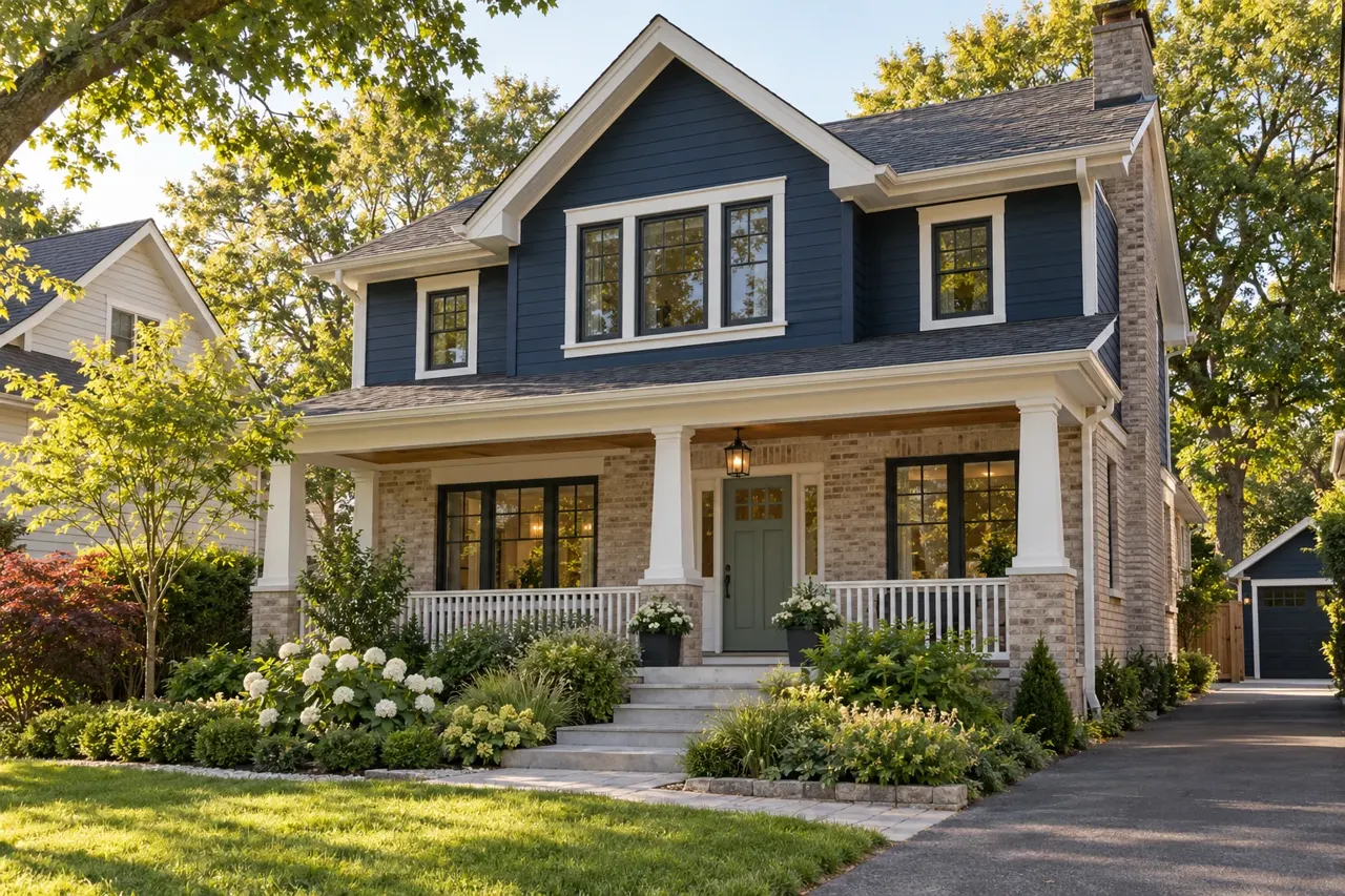 Exterior colour inspiration with navy siding, white trim and a welcoming entrance