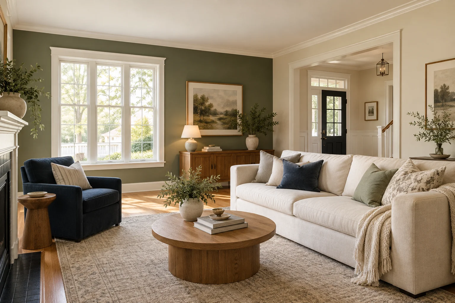 Interior colour inspiration with sage walls, warm oak and crisp white trim